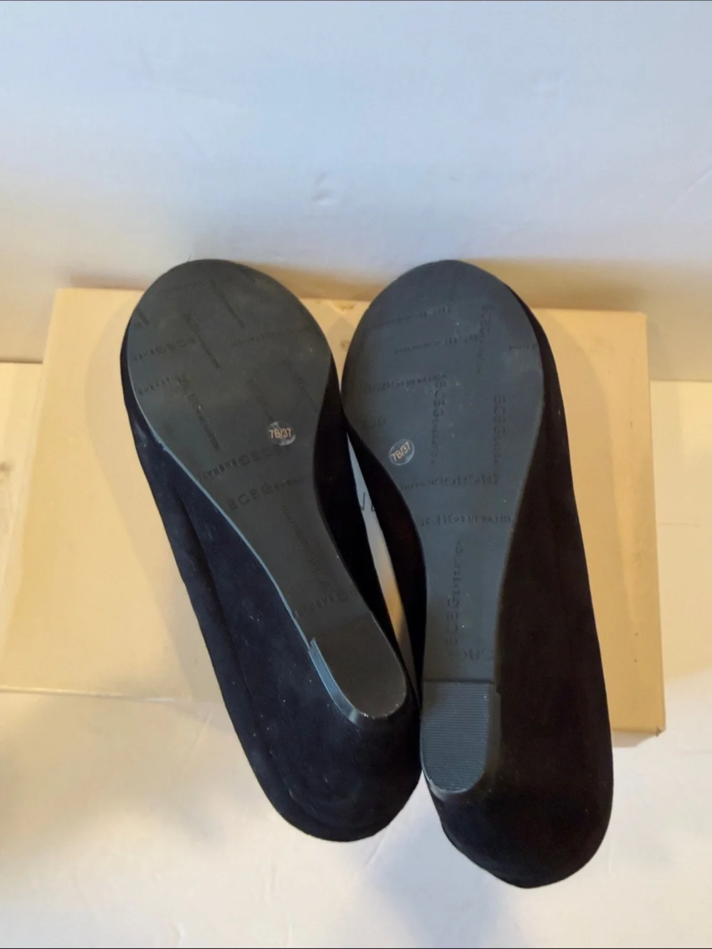 BCBGeneration Black Suede Wedge Pumps with Gem Accents